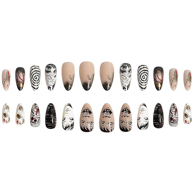 24pcs Almond Press On Nails - Medium Gothic Anime Design, Black & White, Full Cover, Glossy, Reusable DIY Nails for Women's Manicure