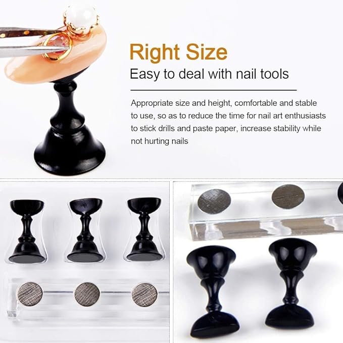 2 Sets Acrylic Nail Art Holder Practice Display Stand with 96 Pcs White Reusable Adhesive Putty, Kalolary Magnetic Nail Art Tips Holders Training DIY Display Practice Stands(Black and White)