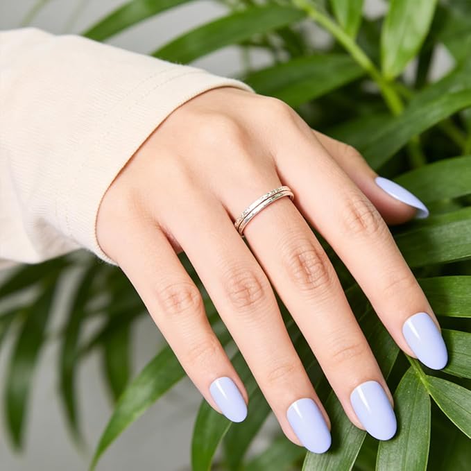 Blue Press On Nails Almond, Medium Light Blue Fake Nails with Nail Glue, Natural Soft Gel Nail Kit, Natural Reusable Glue On Nails in 15 Sizes 30 Fake Nails Kit
