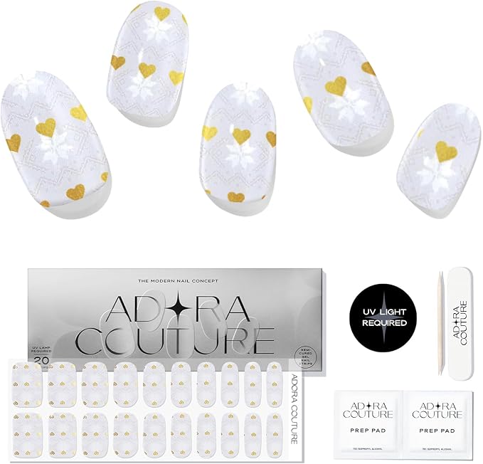 Semi Cured Gel Nail Strips with 20 Pieces - UV Gel Stickers, Manicure Kit, Easy Application Wraps Includes Prep Pads, Nail File, Wooden Stick - UV Light Required (Adore Amour)