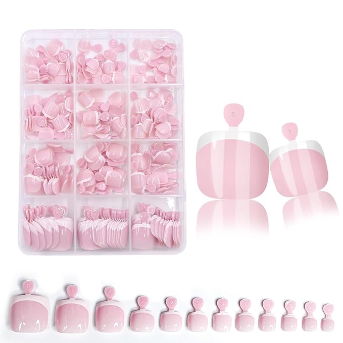 240Pcs White French Tip Press on Toenails Short Square Fake Toe nails Press ons with Design Stick on Toe Nails Acrylic False ToeNails Artificial Glue on Toenails for Women Nails Art Decoration