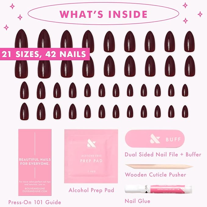 Olive & June Instant Mani Press-On Nails (Glue) | 42 Fake Nails, 21 Sizes | Non-Toxic, Long-Lasting Recycled Materials Realistic Look | Salon-Quality at Home | Medium, Almond | Obsessed