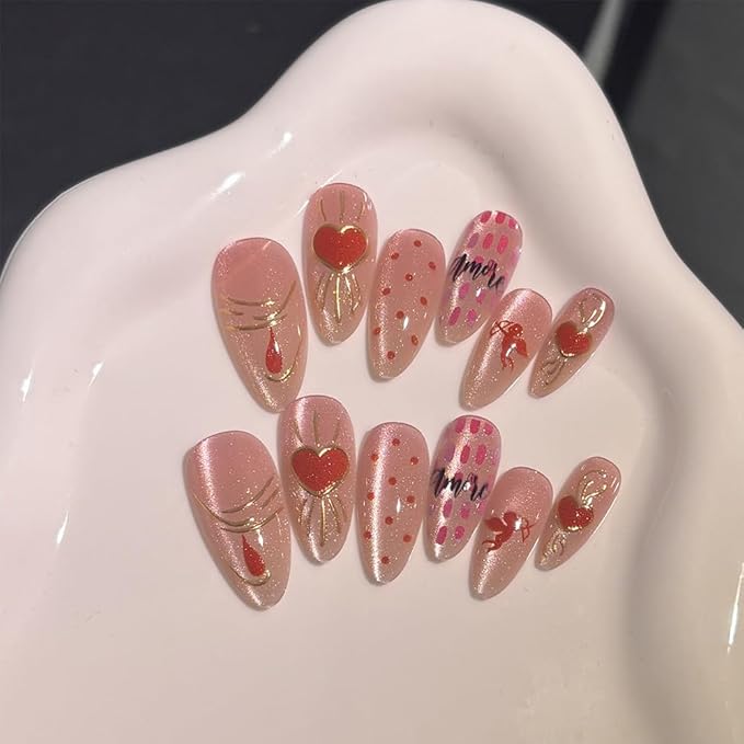 Valentines Nails Press Ons - Valentines Press On Nails Almond Medium Pink Fake Nail With Gilded Heart Cat-Eye Designs Acrylic Artificial Glue On False Stick On Nails for Women Girls