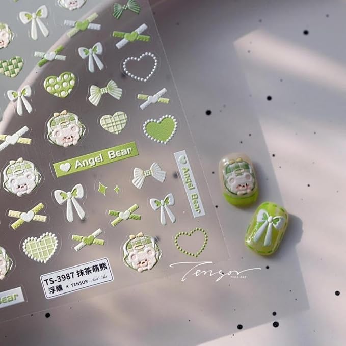 Heart Nail Art Stickers Bear Nail Decals Green Brown Nail Sticker 5D Embossed Self Adhesive with Bow Design for Women Girls Kid Manicure Decoration Accessories