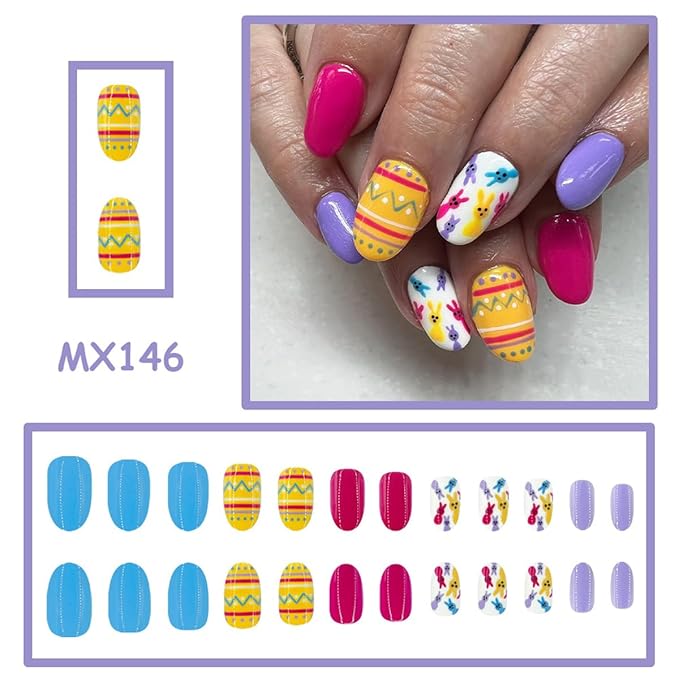 Easter Press on Nails - Medium Oval Fake Nails with Cute Rabbit | Colorful Easter Egg Designs False Nails Press ons Reusable Full Cover Stick on Nails Easter Nails for Women Manicure 24Pcs