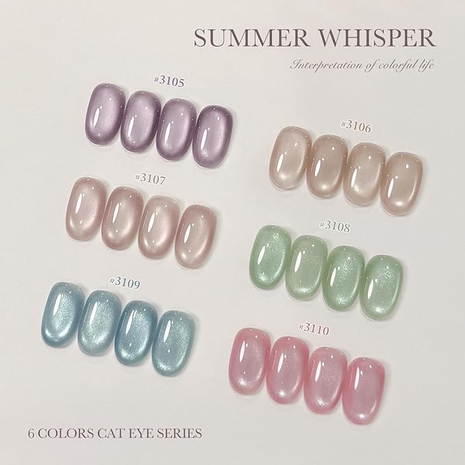 GAOY Summer Gel Nail Polish Set, 6 Icy Sheer Cat Eye Gel, Crystal Clear Holographic Nail Art for Beach Vacations & Pool Party Glam