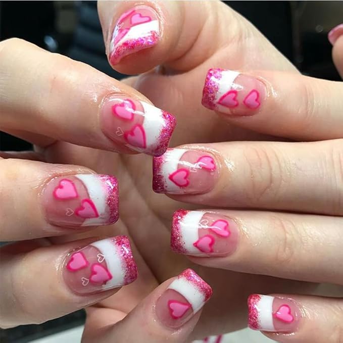Valentines Nails Press on Nails Short Square Heart Fake Nails with Designs Pink White Glitter French Tip Glue on Nails Valentine's Day Acrylic Nails Cute False Nails for Women Manicure 24Pcs