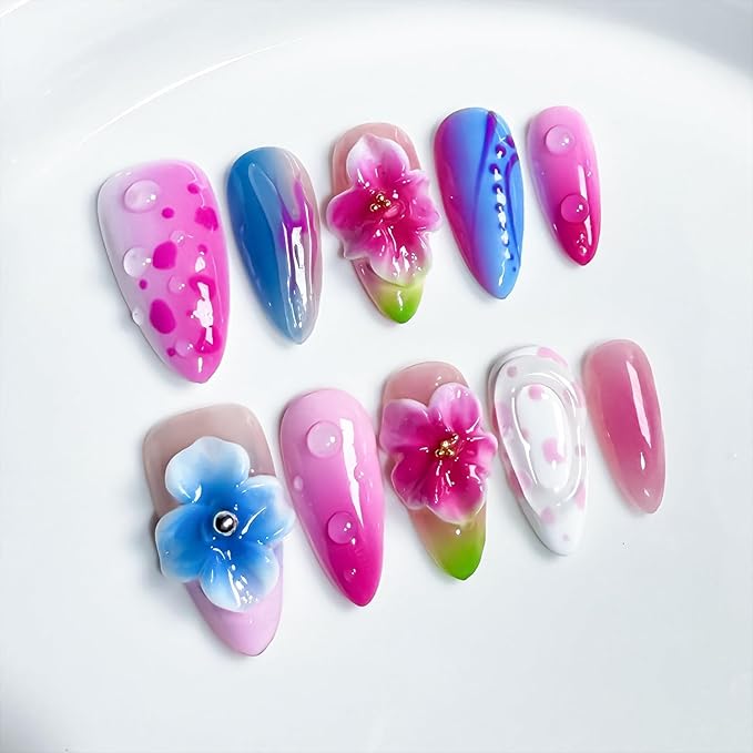 Handmade Almond Press on Nails Thick Fake Nails with Water Droplet Pattern Designs Medium Length Acrylic Nails with Glue,Flower Art Nature Stick on Nail False Nails for Wome (Size S)