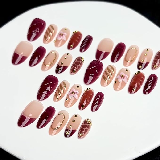 Press on Nails Medium Almond French Tip, 30 Pcs Handmade 3D Flowers Gold Lines Embossed Designs, Glossy Nude Fake Nails, Reusable Glue On Nails, Full Cover Acrylic Nails for Women Brown