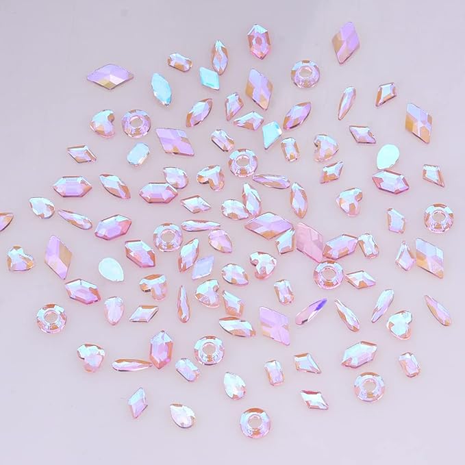 100pcs Pink Aurora Nail Rhinestones 10 Shapes Mix Flatback Heart Circle Gems for Nail Art 3D Design Manicure Beauty Crystals Accessory Supplies