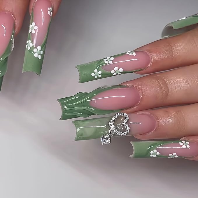 Press on Nails Coffin Long Length Acrylic Glossy Full Cover Square Shaped French False Nails with Designs Artificial Extra Long Fake Nails with Charms Glue ons Fingernails for Women(C142)