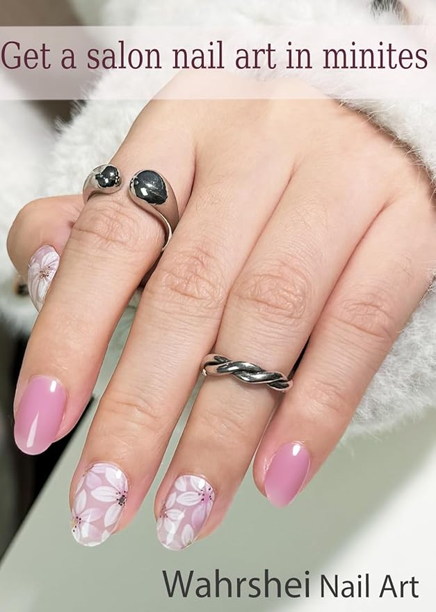 UV Gel Nail Stickers, Spring, Pink Flower20pcs Semi Cured Gel Nail Strips, Wraps for Home Manicure DIY