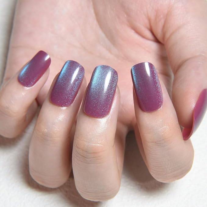 evpct Mauve Blue Reflective Metallic Cat Eye Press on Nails Square Medium, Stick on Nails Medium Length Square for Women, Mauve Metallic Nail press ons, Iridescent Glitter Acrylic Fake Press on Nail