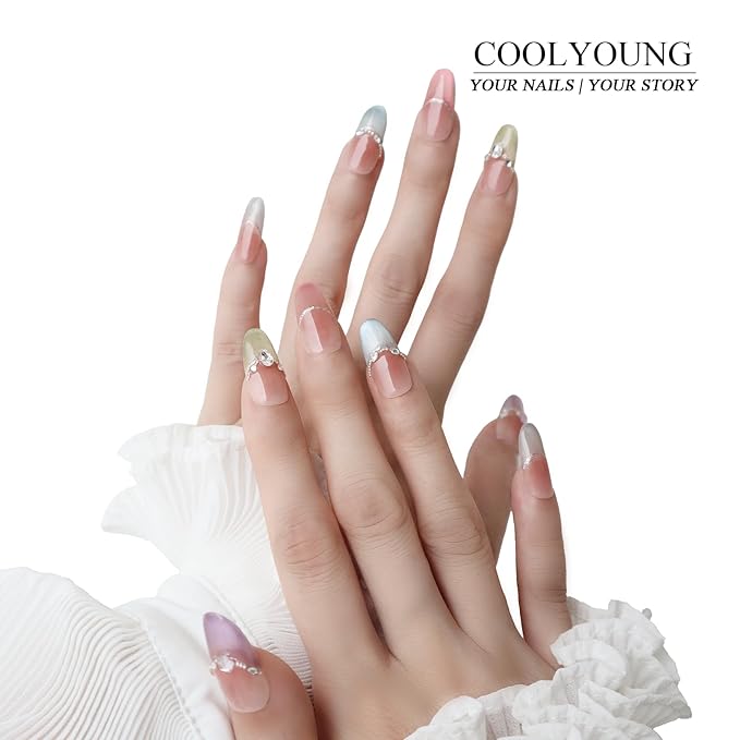 Handmade Press On Nails Short Almond Reusable Press On Nails Women Gifts French Rainbow Nails COOLYOUNG Handmade Nails, 15 PCS, Size M