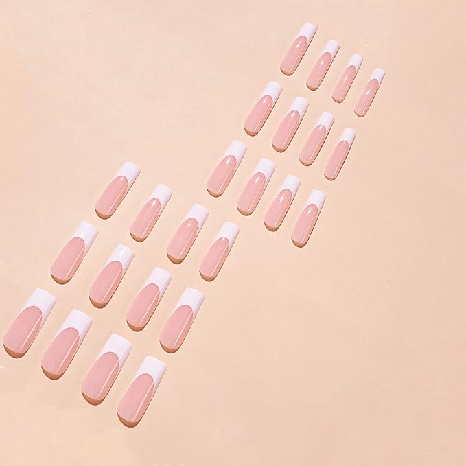 Press on Nails Long Square White French Tip Fake Nails Full Cover False Nails with Designs White Nail Tip Glossy False Nails with Nail Glue Artificial Acrylic Nails for Women Girls 24 Pcs