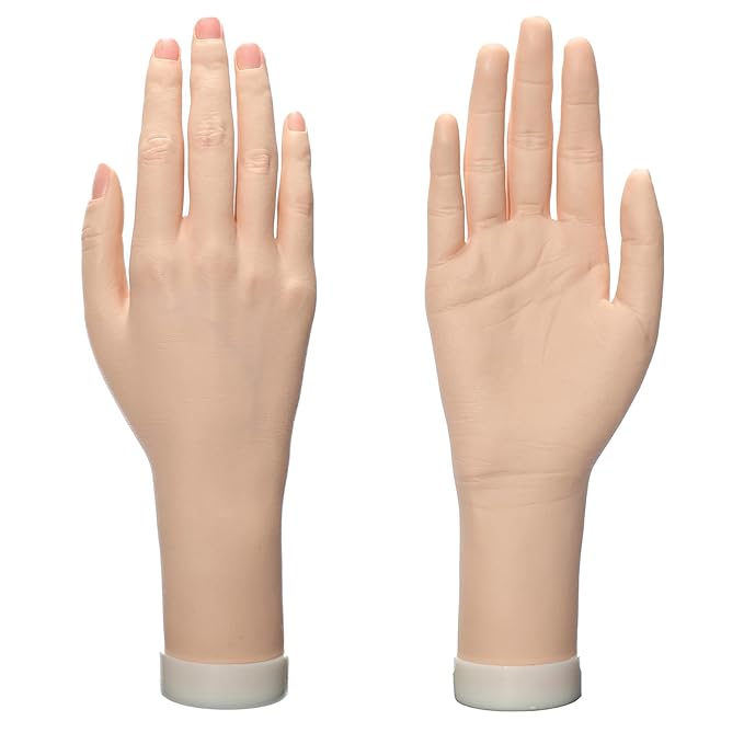 Practice Hand for Acrylic Nails Realistic Mannequin Hand for Nails Practice Soft Flexible Bendable False Fake Nail Hand Art Trainer Manicure Practice Hand Tool and Rings Display of Bracelets (Right)