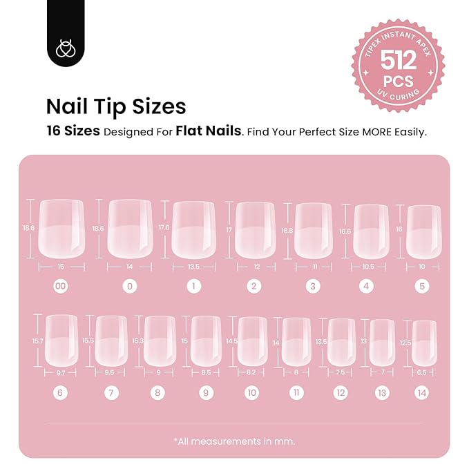 Beetles Tipex Instant Apex Nail Tips, Squoval XS Short Acrylic Nail Tips, Pre-Etched Pre-Building Strong Thick Long Lasting,16 Sizes,512 Pieces