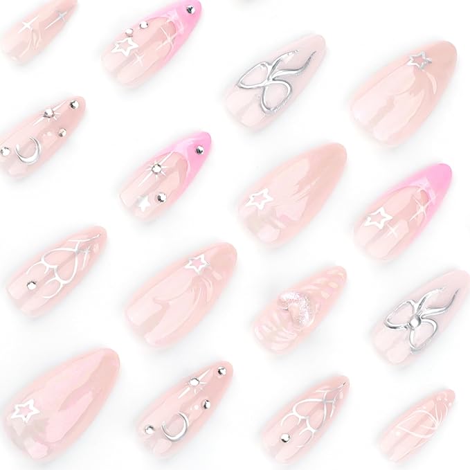 Medium Press on Nails Almond - Pink French Fake Nails with 3D Bow Heart Design - Glossy Full Cover Stick on Nails Press ons - for Women 24 Pcs