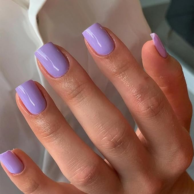 Lilac Press on Nails Short Square Natural Short Gel Nails Glue on Acrylic Nails Press ons Lavender 48Pcs Thick Reusable Fake Nails for Women Short Coffin Artificial Nails New Solid Color Square Nails