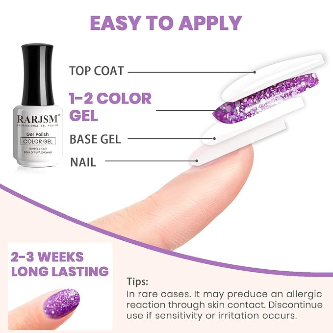 RARJSM Lavender Gel Nail Polish Glitter Sparkly Iridescent Rainbow Purple Shimmer Holographic Nail Gel Polish Soak off L e d U V Curing Required High Pigments for Home Salon Manicure Nail Art 15ml