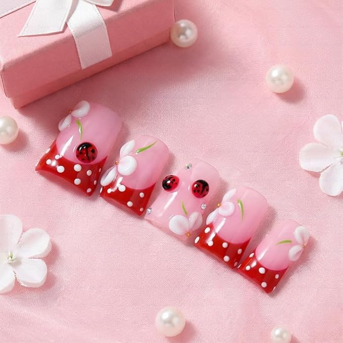 10 Pieces Luxury Acrylic Press On Nails Short Handmade Red Duck Nails,Thickened False French Nails, Three-dimensional Petals And Ladybugs, Reusable Fake Nails, Acrylic Nails (L)