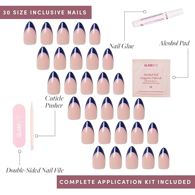Glamnetic Press On Nails - French Riviera | Semi-Transparent Navy Dark Blue French Tip Short Almond Fake Nails in a Glossy Finish, Salon Quality | 15 Sizes - 30 Nail Kit