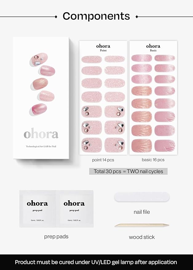 ohora Semi Cured Gel Nail Strips (N Mermaid Glow) - Works with Any Nail Lamps, Salon-Quality, Long Lasting, Easy to Apply & Remove - Includes 2 Prep Pads, Nail File & Wooden Stick