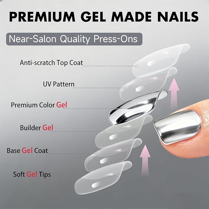 Chrome Press on Nails Short Square, Metallic Sliver Fake Nails with a Sparkle Mirror Finish, Glitter Glue on Nails for Women Birthday Party, Thick Quality Soft Gel Nail Press ons 30 Pcs