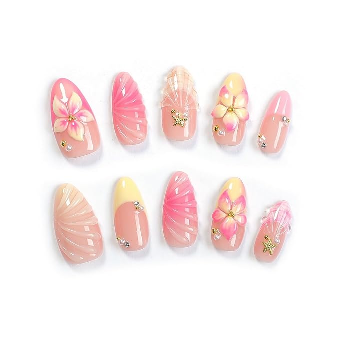 Gradient Flower Press on Nails Handmade Press on Nails French False Nails with 3D Floral Embossed Designs Medium Almond Fake Nails False Nails Thicked Acrylic Nail Stick on Nail for Women（Size M)