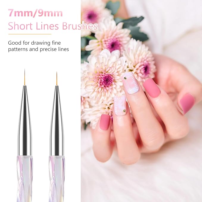 TEOYALL Nail Art Liner Brushes, Fine Line Nail Brush 7/9/11/15/20mm Thin Detail Precision Drawing Brushes for Gel Nail Polish