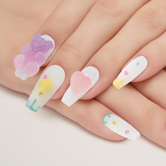 Fake Nails Set Y2K Long Square Matte 3D Candy Bear Love Decoration False Nail Tips, Press On Nails, Artificial Art Nails Finger Manicure for Women and Girls(CDJ0021-M)