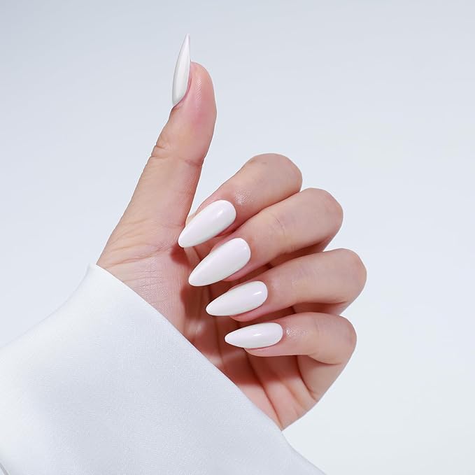 Rnker Press On Nails - Transparent Color, Almond White Top gel Nails with Bright Finish, 15 Sizes - 30 Nail Kit with Glue