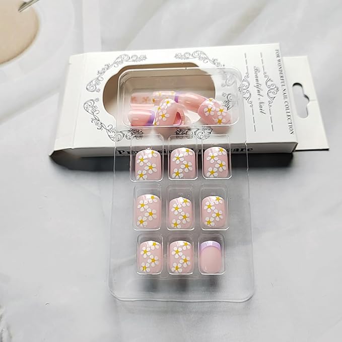 Press on Nails Square Short Short Fake Nails Press ons Purple French Nail Tips Artificial Acrylic Kit Full Cover False Nails with Flower Glossy Design Stick on Nails for Women 24Pcs