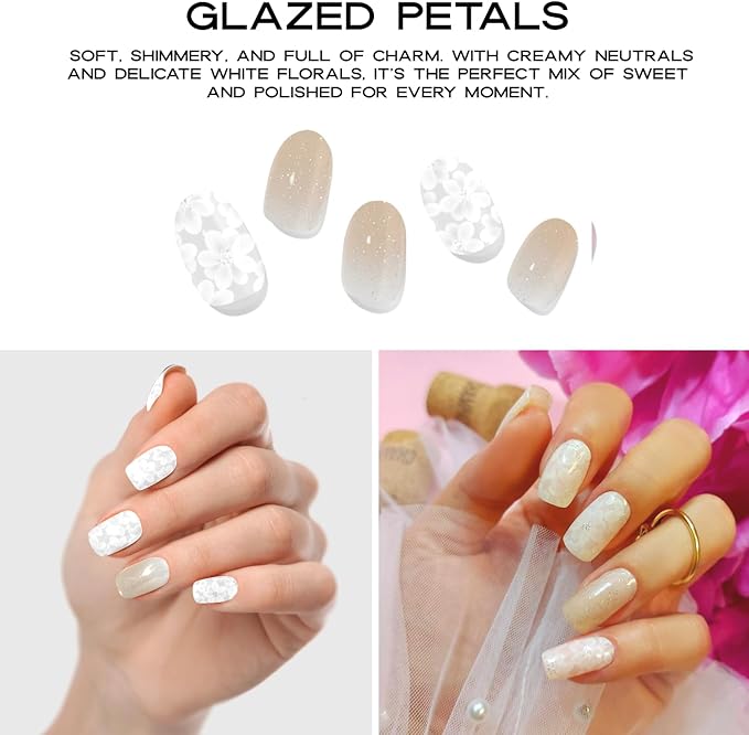 Semi Cured Gel Nail Strips with 20 Pieces - UV Gel Stickers, Manicure Kit, Easy Application Wraps Includes Prep Pads, Nail File, Wooden Stick - UV Light Required (Glazed Petals)