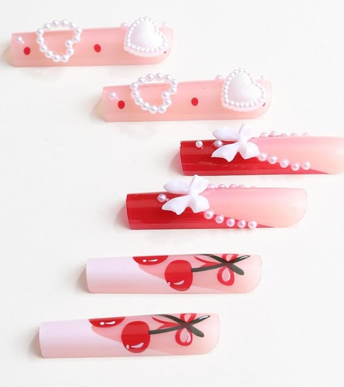 Press on Nails Square - Extra Long Fake Nails with 3D Heart and Bows, Red French Tips White False Nail with Glue Sticker, Stick On Nails for Women, 12 Sizes - 24 Nail Kit, Scarlet Cherry