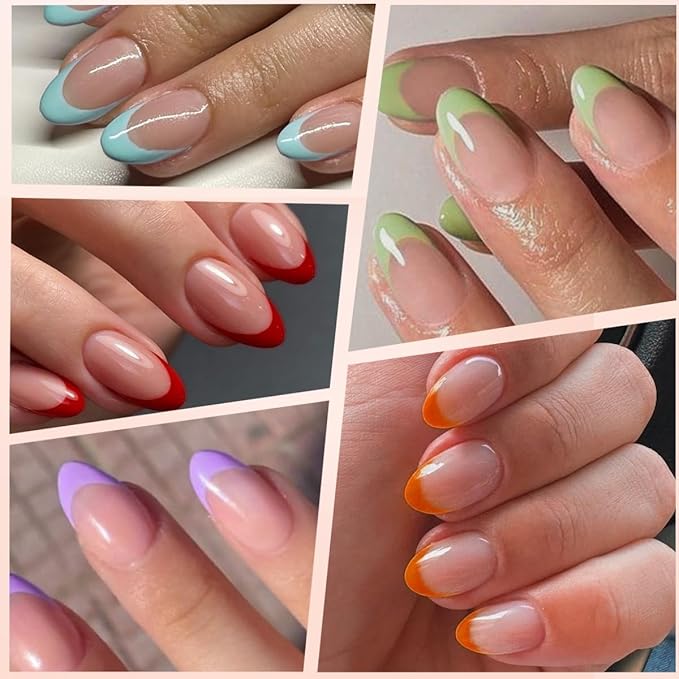 216 Pcs French Tip Press on Nails - Almond Fake Nails - French False Nails Press ons - Red Green Pink 9 Color Acrylic Reusable Glue on Nails - Short Stick on Nail for Women Manicure