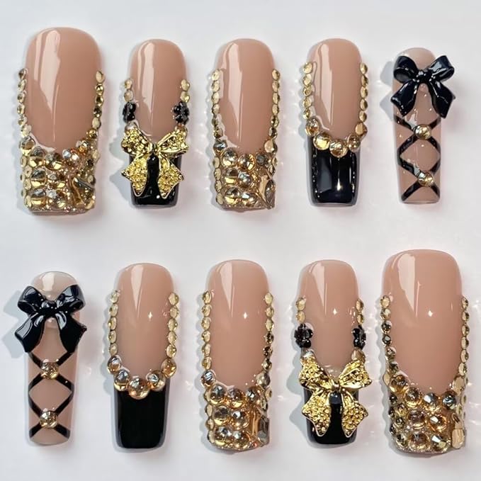 Press On Nails - Handmade French Square Fake Nails, Luxury Cute Golden Bow and Diamond Design, Reusable Artificial Square False Nails for Women 10 Pcs 3D Acrylic Nails Kit (Size S)