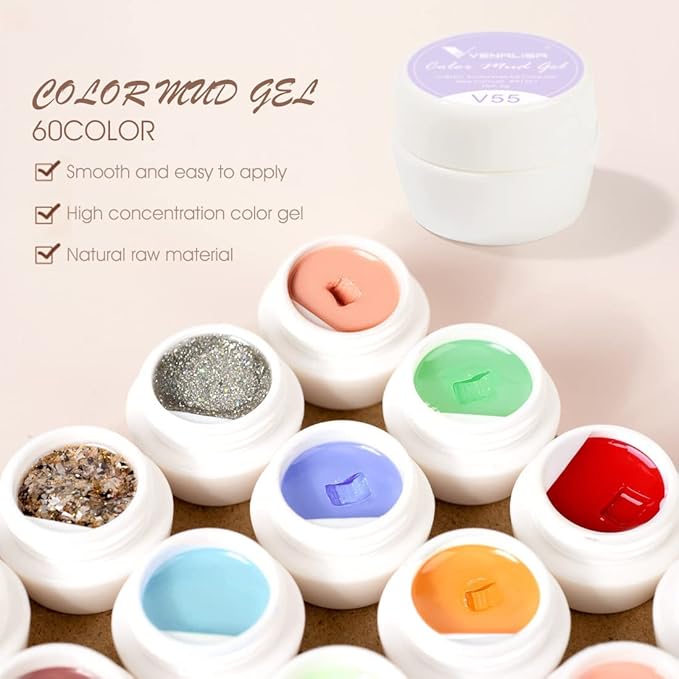 VENALISA 60 Colors Mud Gel Paint Nail Kit with Color Card Painting Drawing Nail Brush,Gel Nail Polish for Nails Art Whole Set Starter Manicure Nail Art Design Salon DIY at Home