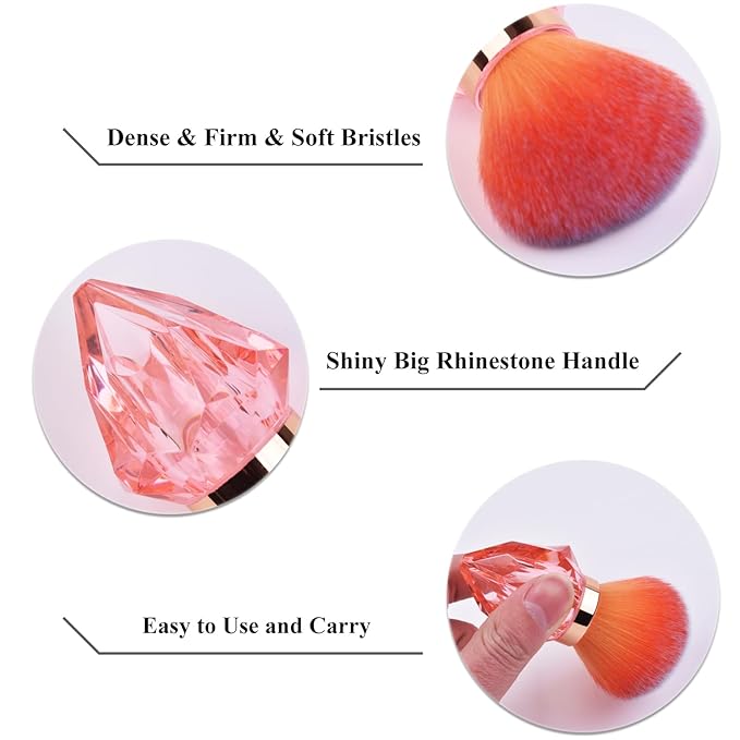 Nail Art Dust Powder Remover Brush Big Rhinestone Handle Nail Dust Cleaner Brush Professional Nail Art Tool for Acrylic Gel Nails