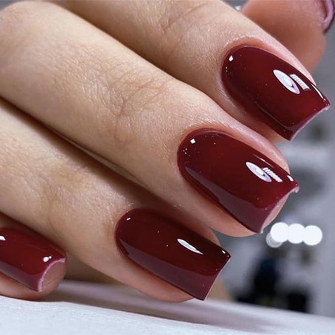 Modelones Press on Nails, Dark Red Short Square Fake Nails, Spring Reusable Nail Kit with Nail Glue Adhesive Tabs Mini Nail File, Nails Press Ons 32Pcs16 Sizes, Women Girl Gift