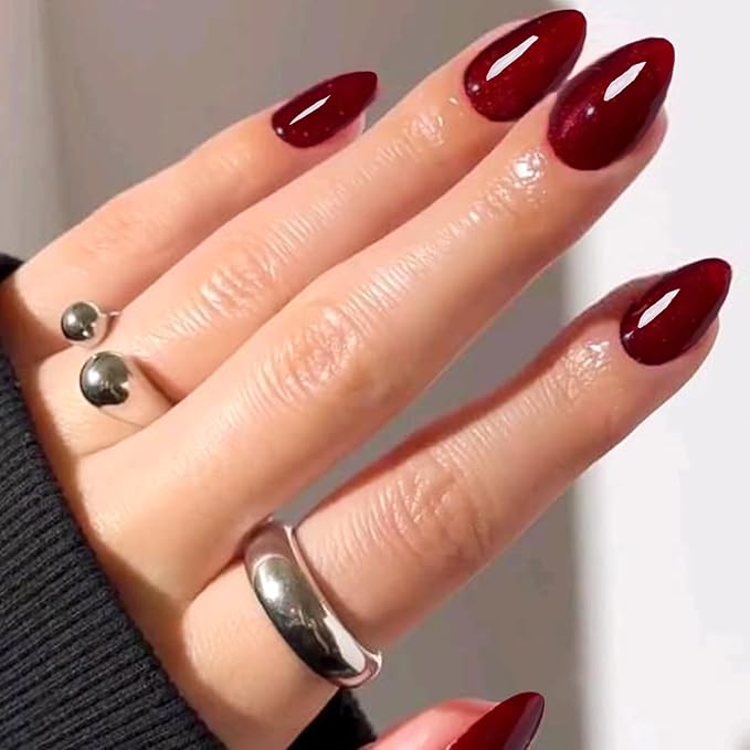 GLAMERMAID Dark Red Press On Nails Short Almond, Valentines Blood Deep Red Handmade Soft Jelly Gel Fake Nails Burgundy, Round Oval Stick Glue on Nails Kit for Women Girl Gift, Reusable False Nail Set