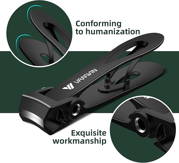 German Nail Clippers for Men, VANWIN Toenail Clippers for Thick Nails for Seniors with 16mm Wide Jaw, Ergonomic Heavy Duty Angled Head Toe Nail Clippers with Catcher Fingernail Clipper for Women Black