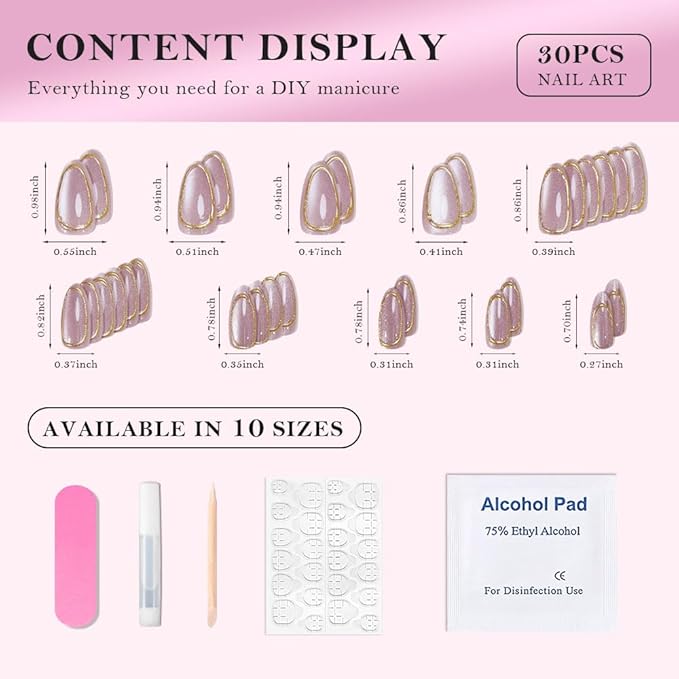 evpct Gold Line 3D Cat Eye Press On Nails Medium Almond with Designs, 3D Crystal Handmade Press on Nails for Women, Reusable Medium Almond Gel Acrylic Fake Nail Stick on Soft Nail Gold Tip