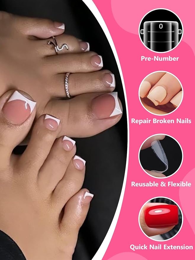Poly Gel Toe Nail Form Set, EBANKU Reusable Toenails Dual Forms for Nail Extensions, Poly Gel Toe Nail Tips with Dual-Ended Brush and Nail File, 5PCS Clips - 12 Sizes 120PCS