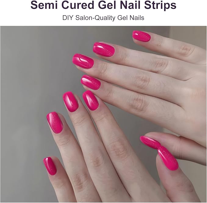 Semi Cured Gel Nail Strips,28 pcs Cat Eyes Gel Nail Stickers with UV Light Required,Long Lasting Nail Art Stickers, Easy to Apply（Rose red Cateyes