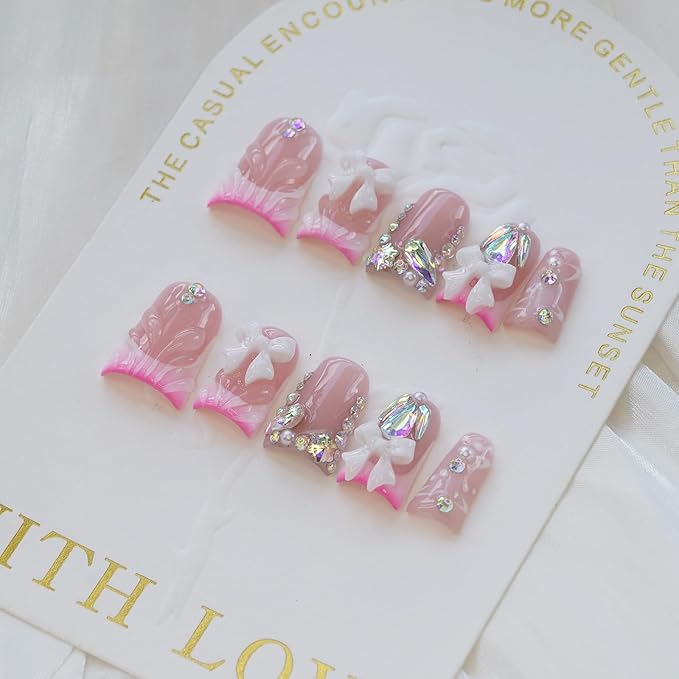 10pcs Handmade Press on Nails Medium Duck Curve Shape – 3D Floral Mushroom Jelly Shell Bow Cherry Chrome Bling Thick Reusable Fake Nails,Boho Y2K Aesthetic Accessories (pink, M)