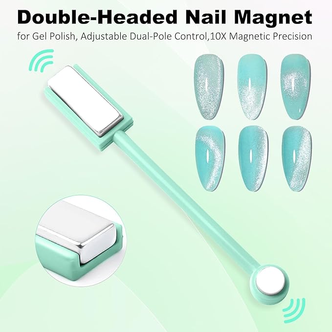 3-in-1 Cat Eye Magnet & French Tip Brush Set, Upgraded Nail Art Tool Kit for Magnetic Gel Polish, with Nail Clean Up Brush for Salon & Home Use (NAT266-Green)