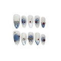 Light Blue White French Press on Nails Medium Almond with 3D Charms Bow Rhinestone Cherry,10Pcs Sweet Girls Summer with Full KitM)