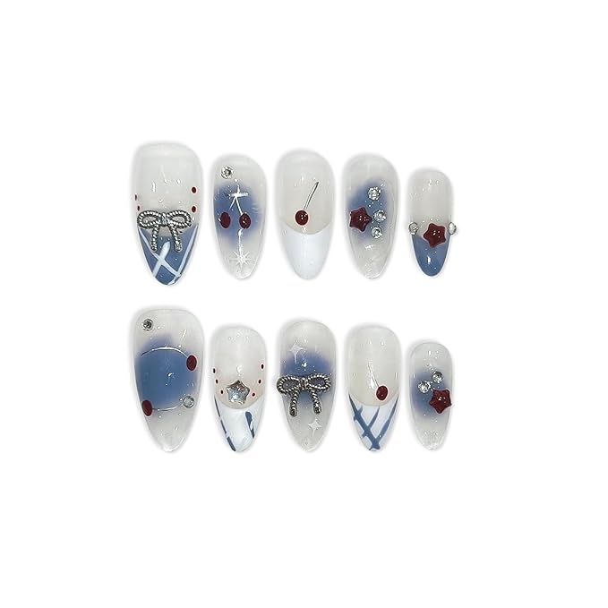Light Blue White French Press on Nails Medium Almond with 3D Charms Bow Rhinestone Cherry,10Pcs Sweet Girls Summer with Full KitM)