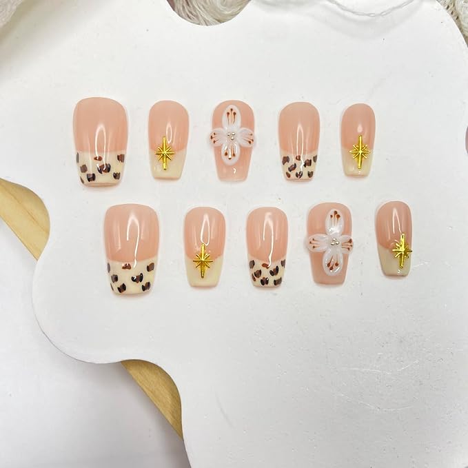 Handmade Press on Nails French Tip Leopard Print Press on Nails Short Coffin Fake Nail Designs Flower False Nails Full Cover Artificial Acrylic Glue on Nails for Women Girls Stick on Nails (Size S)